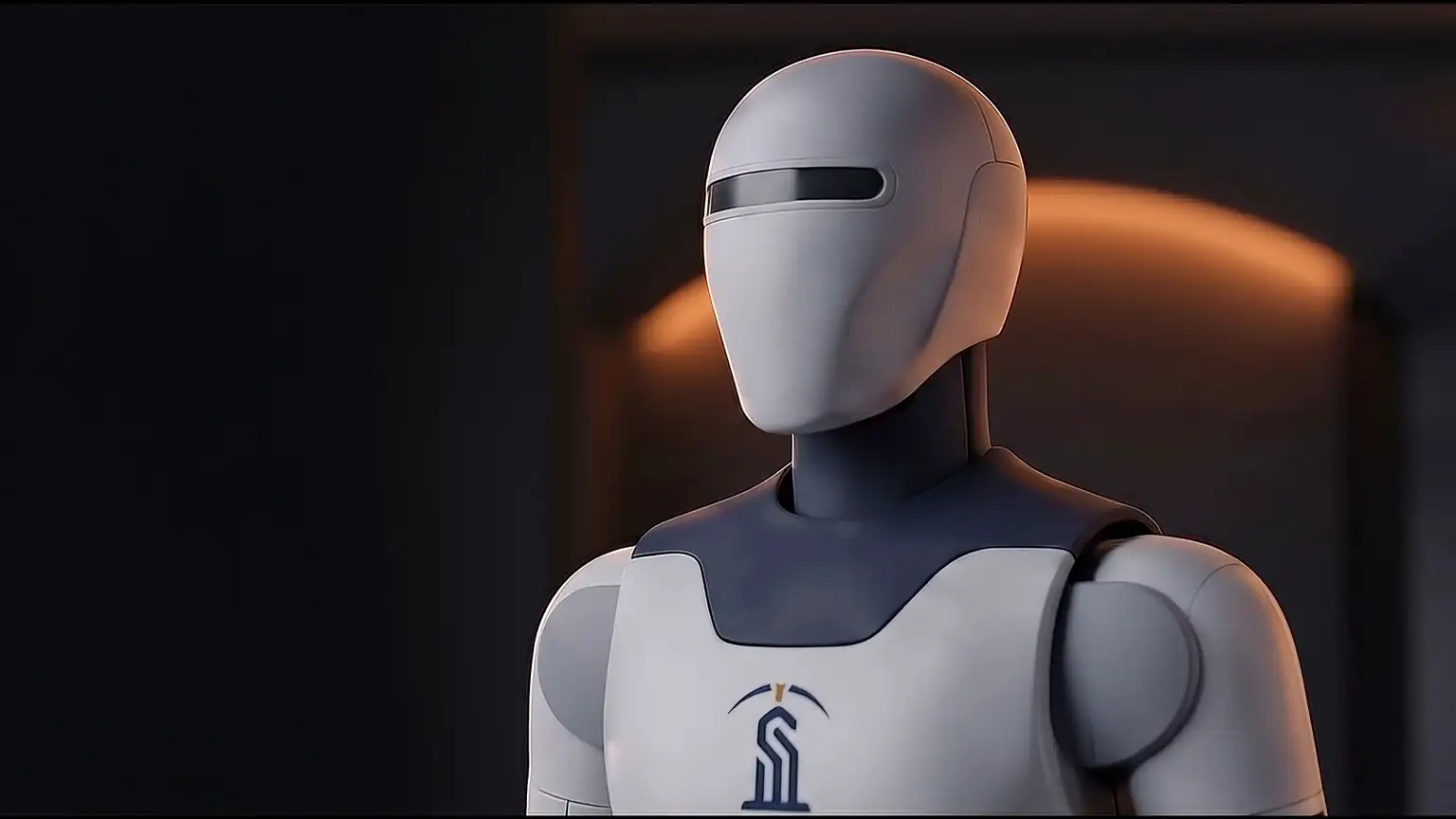 A Sentira humanoid guardian unit standing on watch in a dark facility, lit from above.